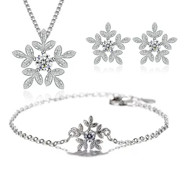 

S925 Stamp Silver Color Christmas Snowflake Jewelry Sets Zircon Snowflake Necklace Bracelet Earrings For Women Gift