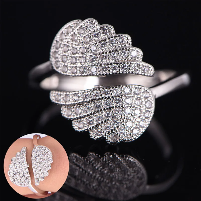 

1pcs Fashion Jewelry Wholesale Female Gifts Adjustable Angel Wings Ring Micro Pave Zircon Silver Plated Rings For Women
