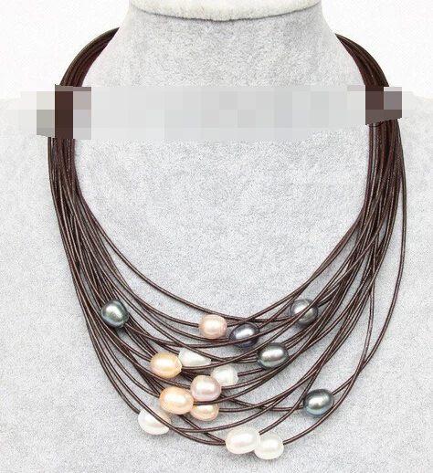 

huij 004480 15row white black pink purple pearl wine red leather necklace
