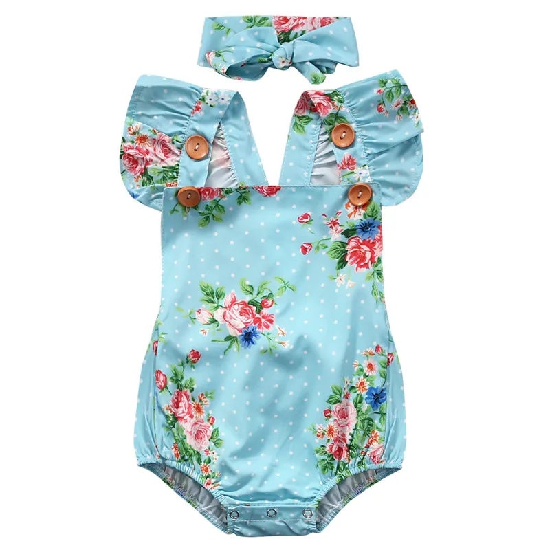 Комбинезон, боди для малышей для маленьких девочек Цветочный Принт без рукавов для новорожденных задняя оголовь летнее Хлопковое платье Одежда для девочек - Цвет: Синий