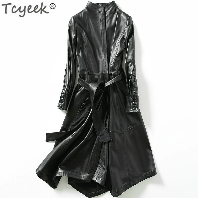 

Tcyeek Natural Leather Jacket Women Genuine Leather Coat Female Real Sheepskin Montone Jacket Long Spring Trench Coat LWL1472