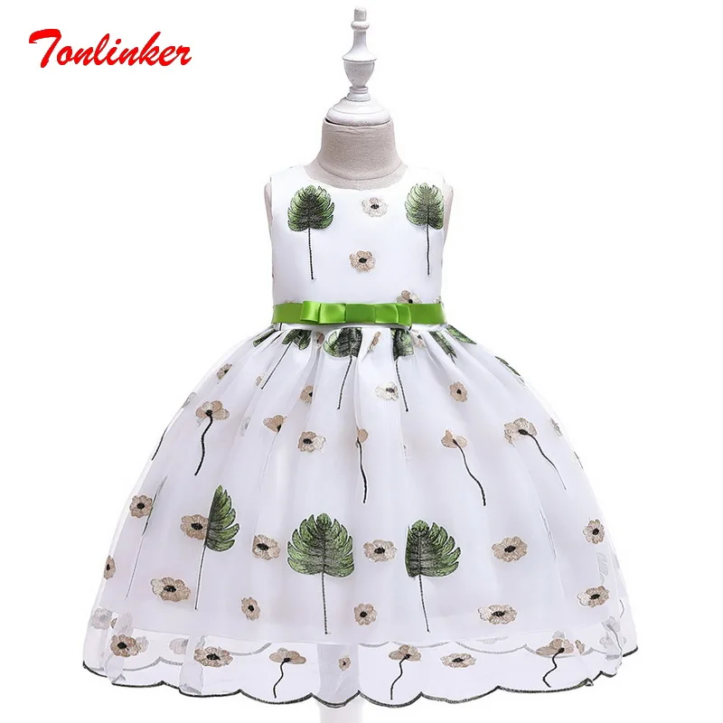 

Summer New Kids Girls Floral Leaves Embroidery Princess Tutu Dress Girls Birthday Wedding Theme Party Ball Gown Dress