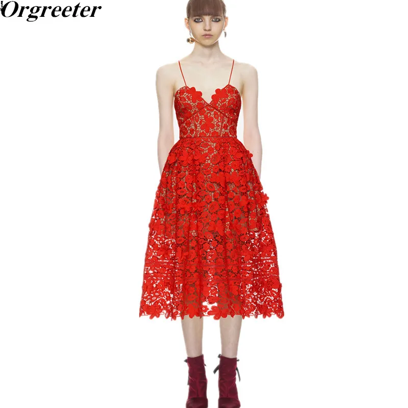 

Orgreeter High Quality 2018 Self portrait Newest Women Sexy Strap V-Lace Dress Hollow hook flowers Slim Lace Dress Vestidos