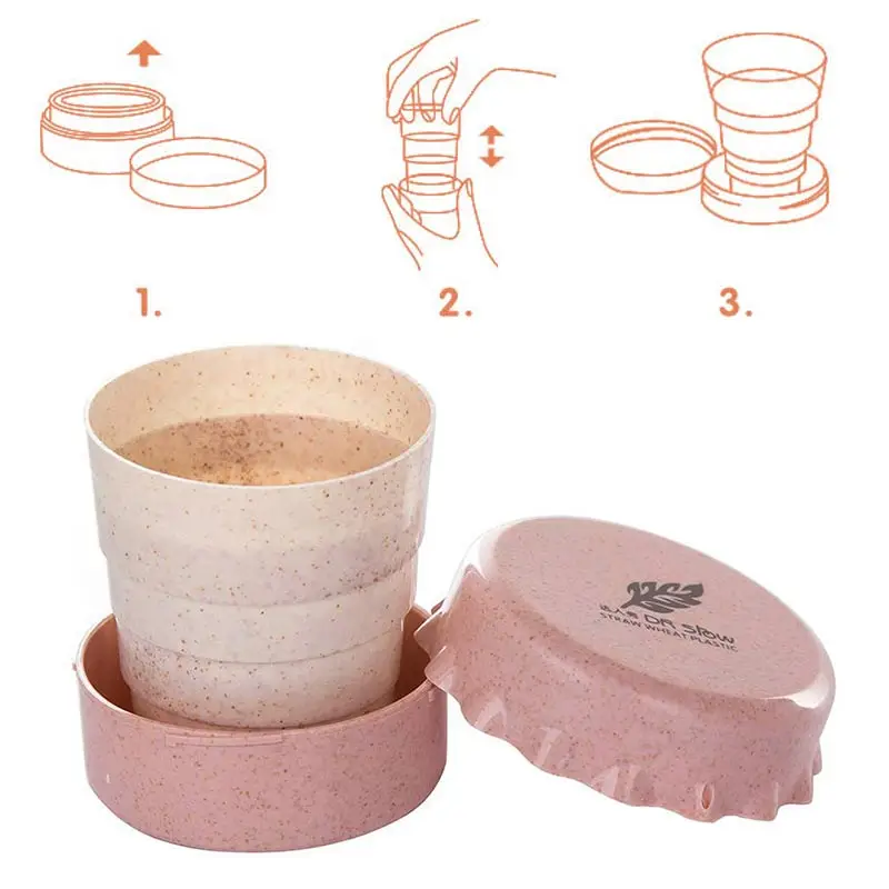 Portable Collapsible Folding Cup With Lid Straw Wheat Plastic Mug Outdoor Travel Camping