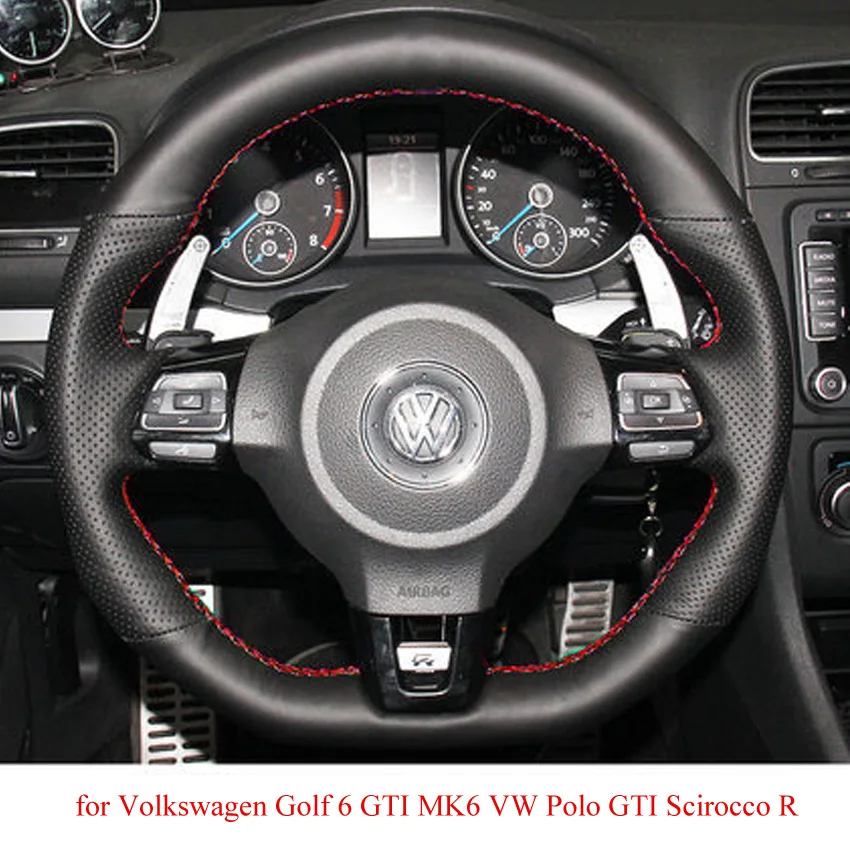 Черная кожаная ручная прошивка автомобиля рулевое колесо Крышка для Volkswagen Golf 6 GTI MK6 VW Polo GT Scirocco R Passat CC R-Line 2010