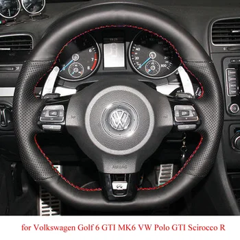 

Black Leather Hand-stitched Car Steering Wheel Cover for Volkswagen Golf 6 GTI MK6 VW Polo GTI Scirocco R Passat CC R-Line 2010