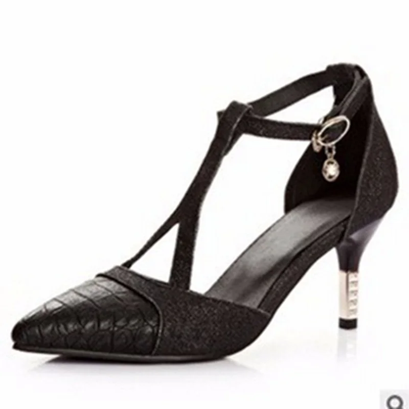 

Lady big size 12 11 buckle strap nubuck leather stone texture pointed toe thin high heeled sandal shoes women pumps summer style