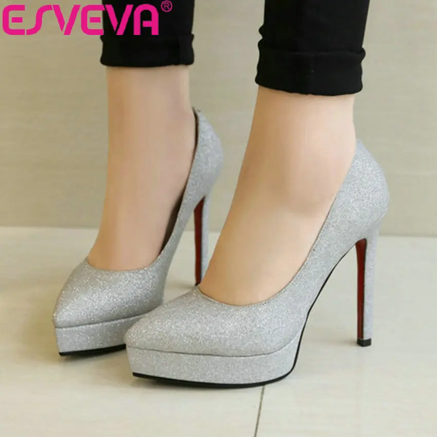 

ESVEVA 2019 Women Pumps Shoes PU Platform Sandals Wedding Slip on Pointed Toe Shoes Sexy Thin High Heels Women Pumps Size 34-43