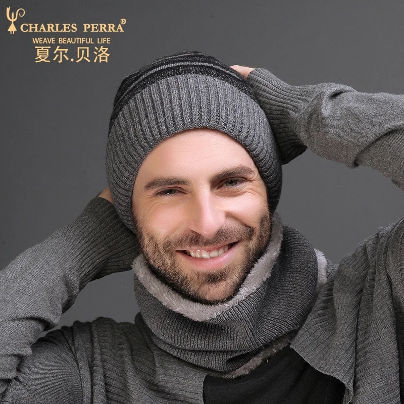 Мужские вязаные шапки Charles Perra зимняя двухслойная плотная Шерстяная Шапка модные