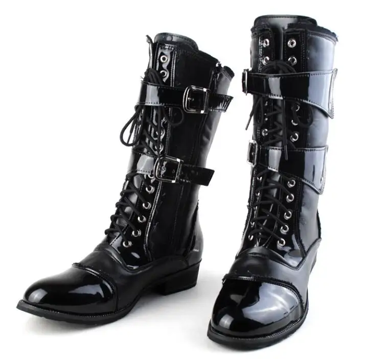 

Fashion Men's Boots Black Leather Boots PU Patnet Leather Big Buttons High Boots Cross Frenulum Big Size 38-45 Free Shipping