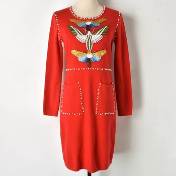 

2018 Europe Beading Sequins Butterfly Embroidery Pearl Double Pockets Winter Women Dress Knitted Long Sleeve Party Dresses