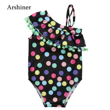 Детский купальный костюм в горошек с помпоном для девочек, цельный купальный костюм