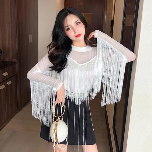 

Novelty Tassel Women's Blouse Textured Chiffon Blouse Batwing Sleeve Camisas Mujer Sweet Camisa Feminina Summer Top Female