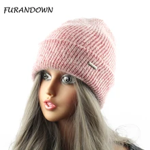 FURANDOWN Rabbit Fur Knitted Hat Cap Women Winter Warm Wool Beanie Hat Outdoor Sport Skullies Beanies Gorro