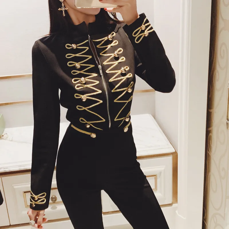 

High Quality Two Piece Set Women Luxury Gold Embroidery Button Zipper Short Coat and Pencil Pants Sets