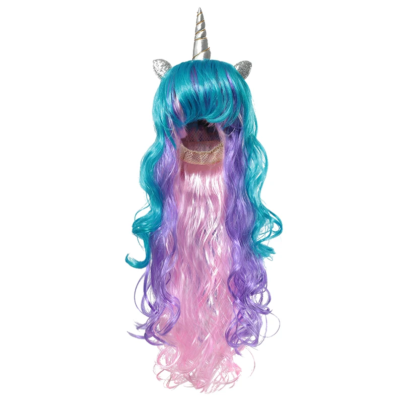 PaMaBa Единорог парик цвета радуги с роговыми ушами подходит для детей подростков взрослых 70 см пони косплей синтетические волосы вечерние аксессуары для волос повязка на голову