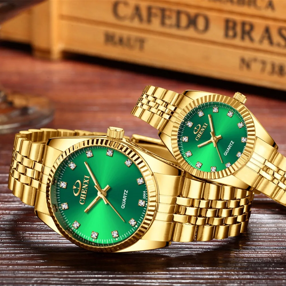 CHENXI классические женские часы Мужские кварцевые наручные часы зеленый циферблат часы из нержавеющей стали водонепроницаемый набор часов для супружеской пары relogio feminino