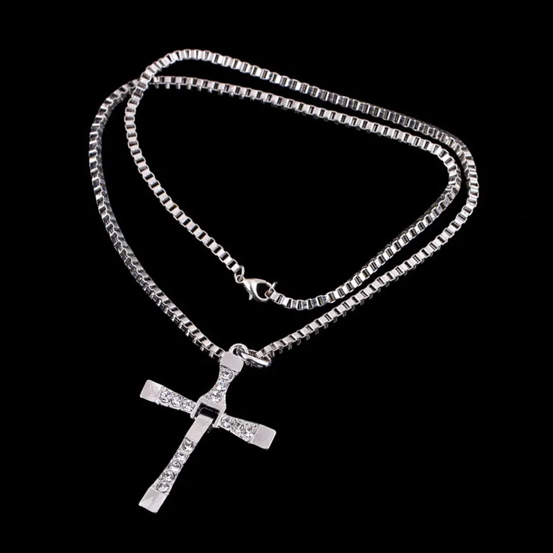 

The Fast And The Furious Dominic Toretto Vin New Movie Jewelry Classic Rhinestone Pendant Sliver Cross Necklaces Men 2017