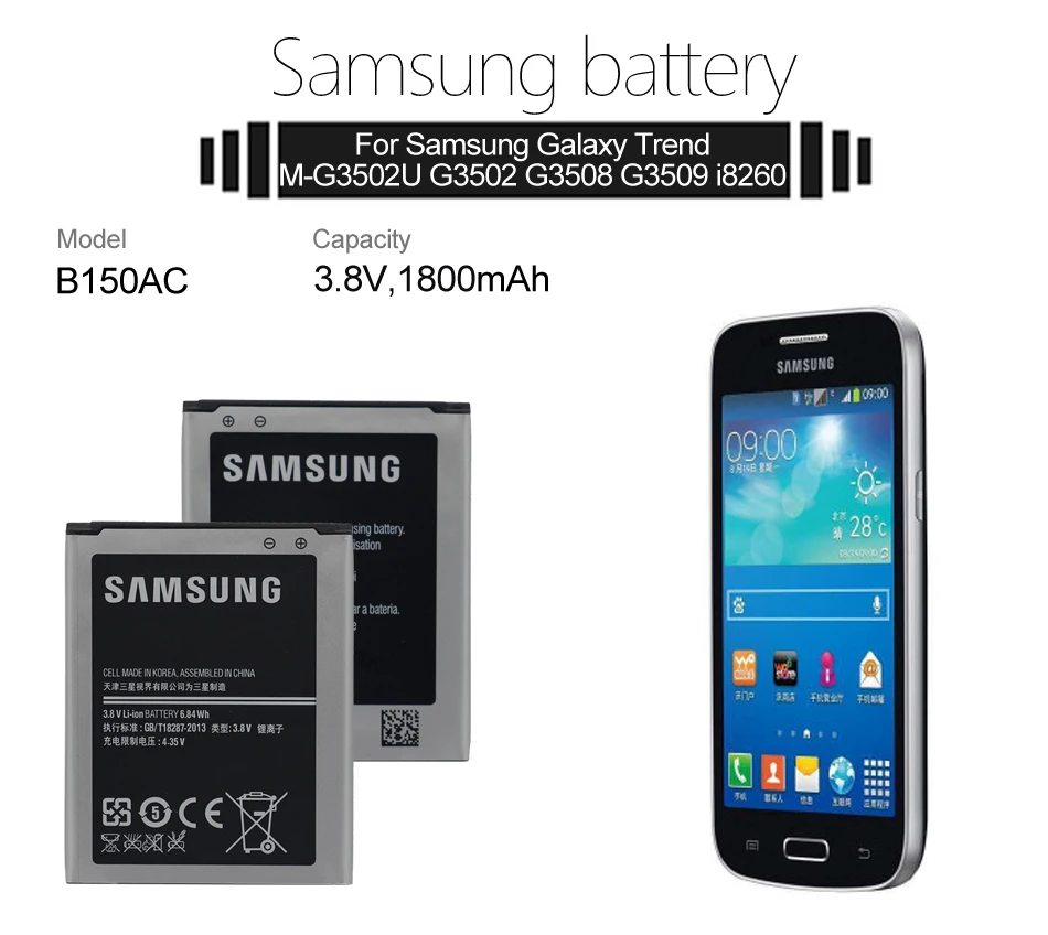 Оригинальная батарея samsung B150AE B150AC 1800 мА-ч для samsung Galaxy Core i8260 i8262 Galaxy Trend3 G3502 G3508 G3509 SM-G350E G350