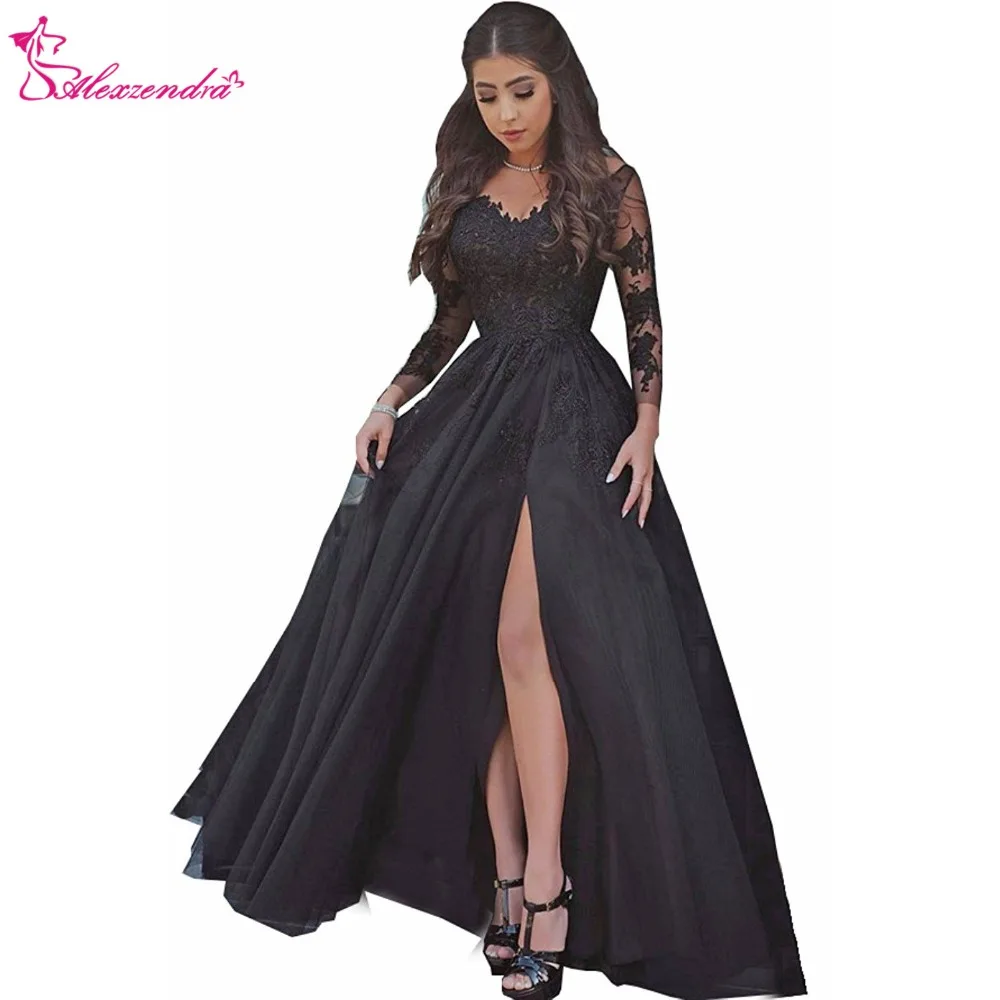 

Alexzendra Black Long Formal Evening Dress Scoop Neck Applique Long Sleeves Prom Dresses Plus Size Special Party Dresses