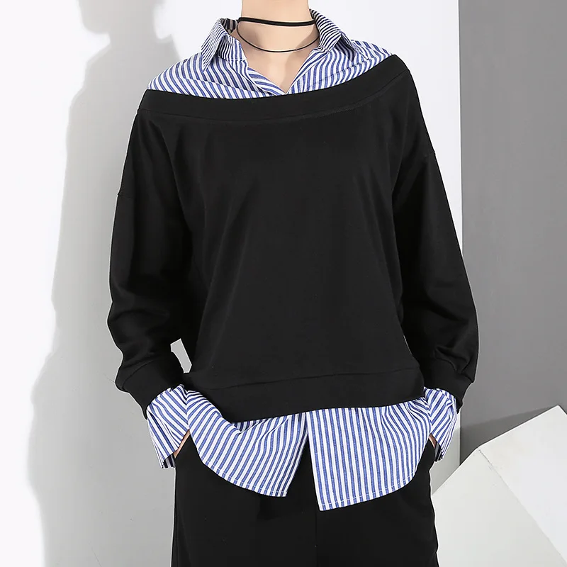 

Johnature 2019 New Autumn Casual High Street Patchwork Striped Shirt Loose Women Tops Turn-down Collar False Two Pieces T-Shirts