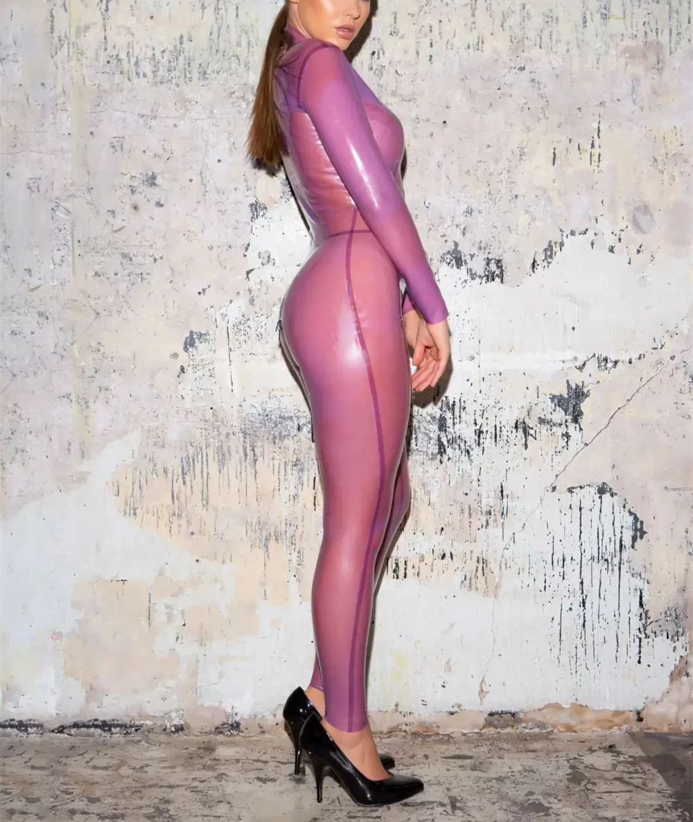 Прозрачный фиолетовый облегающий латексный комбинезон сексуальный латексный боди передняя молния Trought промежность