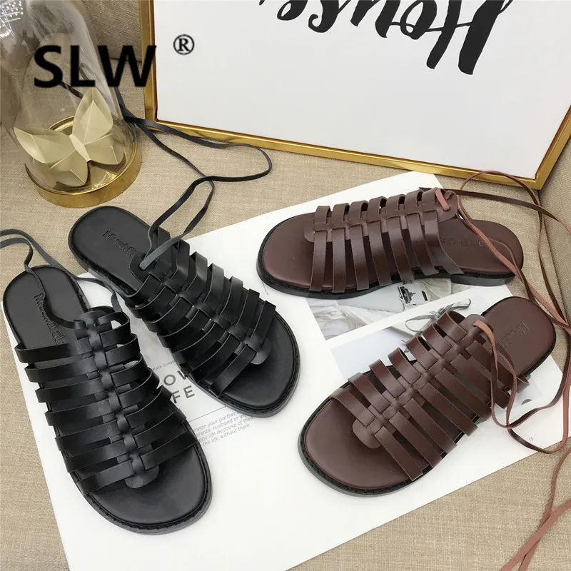 

roman style lace up flat slides women cut out peep toe gladiator shoes summer brand beach shoes woman low heel flip flops