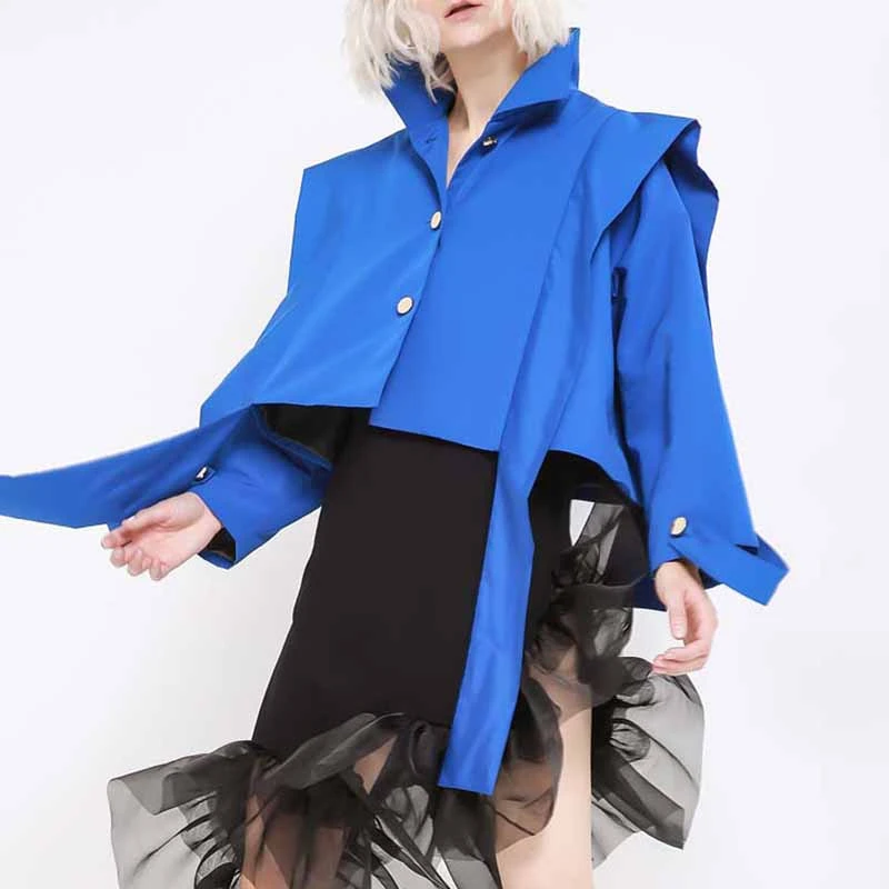 

[YaLee] New Fashion 2019 Summer Autumn Simple Lapel Long Sleeve Single Breasted Stitching Ribbon Short Loose Coat Women A888