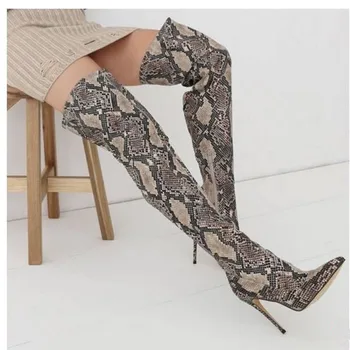 

Snake Skin Leather Shoes Thigh High Runway Pleated Luxury Shoes Women Sexy High Heel Pointed Toe Galoshes Motorcycle Booties