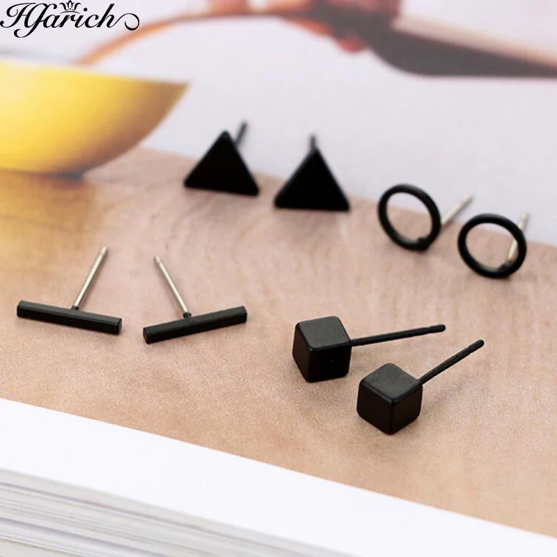 Hfarich 4 пар/уп. модные круглые квадратные треугольные серьги для женщин простой маленький круг цвет золотой геометрический черные серьги