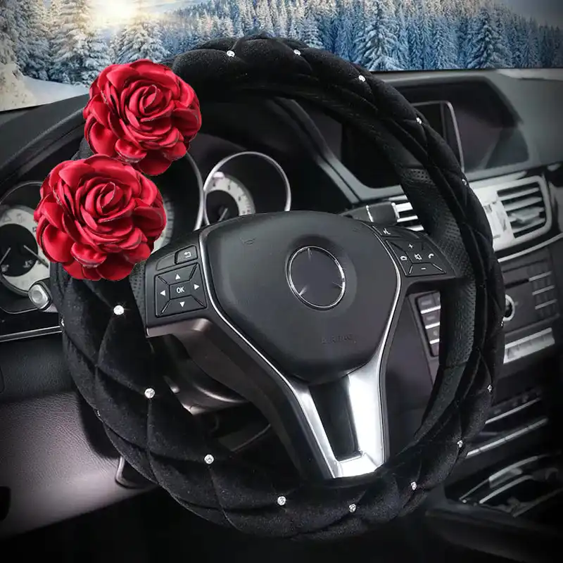Red Rose Flower Diamond Plush Car Interior Steering Wheel Covers Seatbelt  Cover Gear Shifter Sets Car Accessories for Girls| | - AliExpress