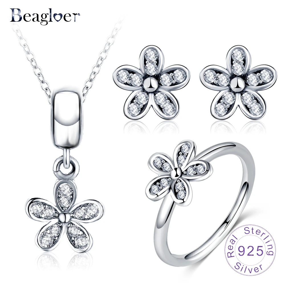 Beagloer 925 пробы серебряное ожерелье с ромашками серьги кольцо для женщин роскошный