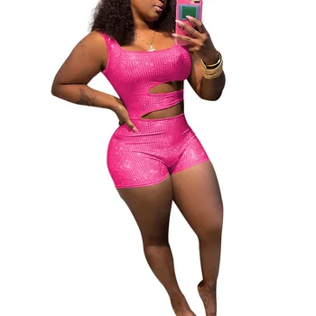 

Hollow Out Women Summer Sexy Casual Solid Rompers Diamonds Female European Style Slim Tank Tops Playsuits SJ2624U