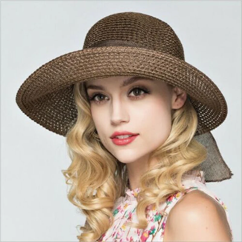 Новейшая женская летняя соломенная шляпа от солнца с большими полями, Пляжная широкополая винтажная элегантная дышащая шляпа с защитой от ультрафиолета - Цвет: Dark coffee