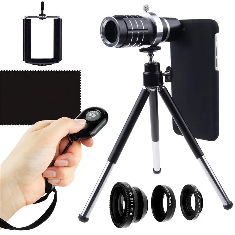 

Self Kit:Bluetooth Camera Remote+12x Telescope+3 Awesom Lente Lens+Case Holder+Photo Tripod For Apple Iphone X 8 7/8 PLUS 7 plus