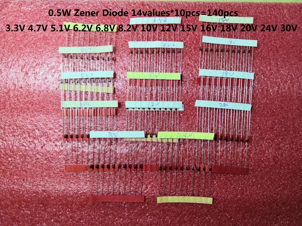 

1/2w 3.3 to 30V 14values*10pcs=140pcs 0.5W Zener Diode kits Assorted Set electronic diy Assortment kit 4.7V 5.1V free ship