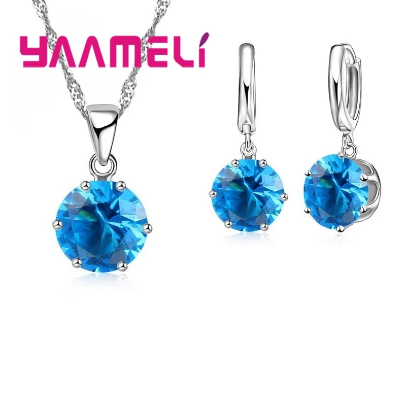 Высокое качество 925 пробы серебряные прозрачные круглые Кристаллы Ювелирные наборы ожерелье и набор серег вечерние для женщин Подарки