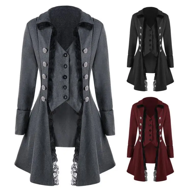 Женская готическая куртка с лацканами в викторианском стиле, панк, кружевное украшение, пальто на пуговицах, ретро средневековый длинный рукав, фрак 5196