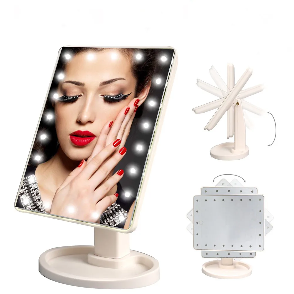  Novelty LED Touch Screen Makeup Mirror 16/22LED 360 Degrees Rotating Desktop Storage Cosmetic LED V