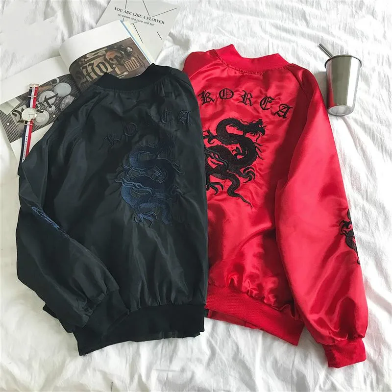 

2018 Rib Sleeve Autumn New Dragon Embroidery Bomber Jacket Men Stand Collar Casual Male Coat Zipper College Jaqueta Masculino