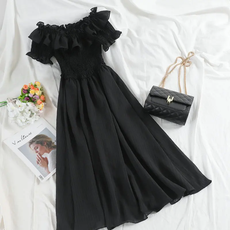 Women Dress Женское летнее плиссированное платье с вырезом лодочкой, повседневное клетчатое сетчатая вуаль, эластичное тонкое шифоновое платье без бретелек с высокой талией - Цвет: Women Dress