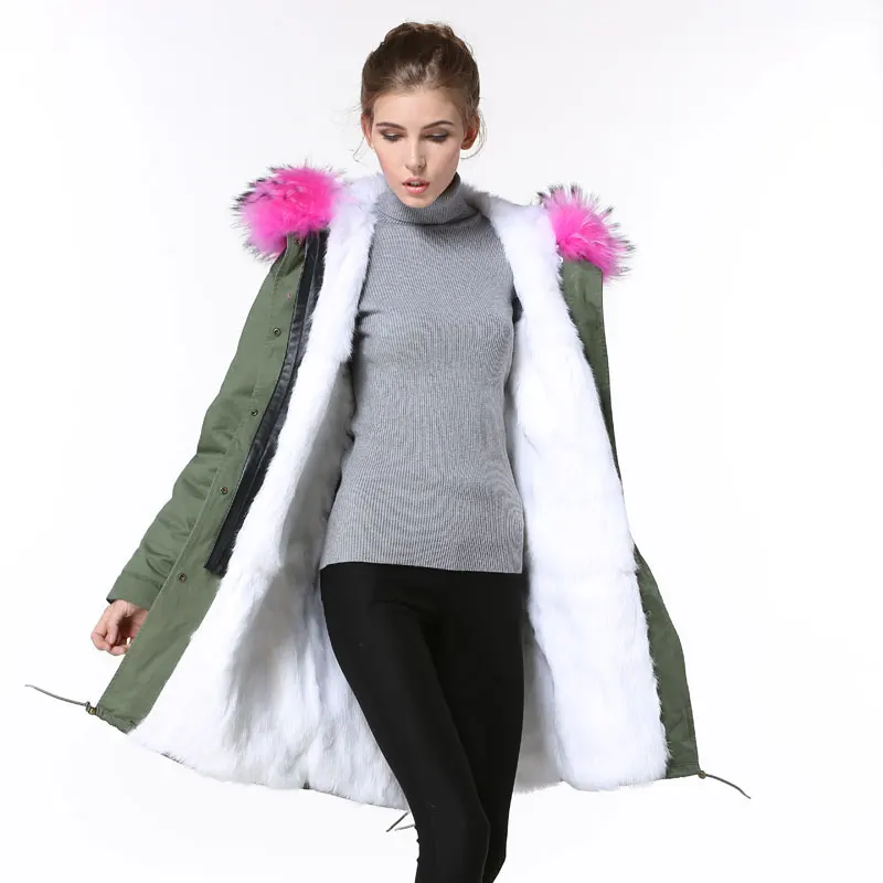 Winter Legergroen lange Bont jas vrouwen Grote Wasbeer Roze bontkraag Parka Winter Legergroen lange Bont jas vrouwen Grote Wasbeer Roze bontkraag Parka