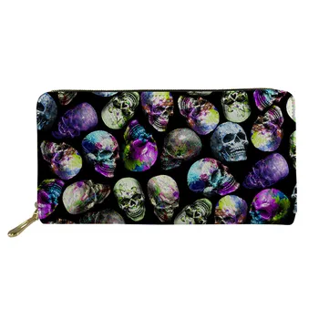 

THIKIN Multicolored Skull Cartoon Printed Women PU leather Long Wallets with Zipper Money Bag Custom Mobile Bag Lady Handbag
