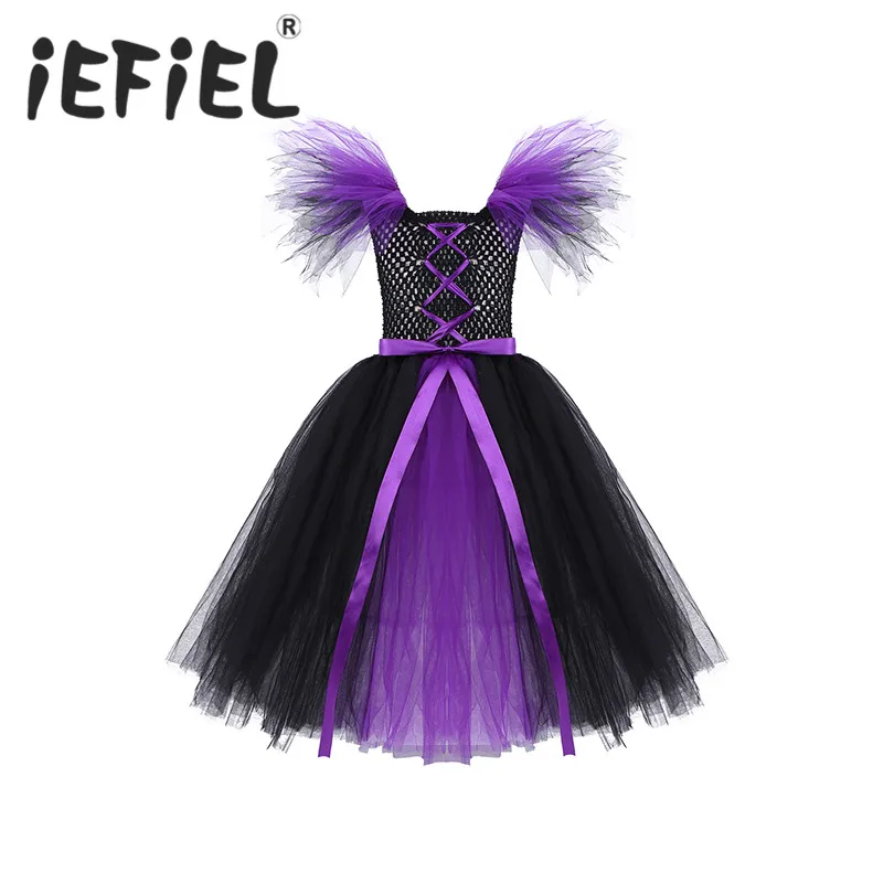 Новое поступление; детское платье принцессы для девочек; костюм ведьмы; Сетчатое Тюлевое платье с бантом для Хэллоуина; карнавальные вечерние платья