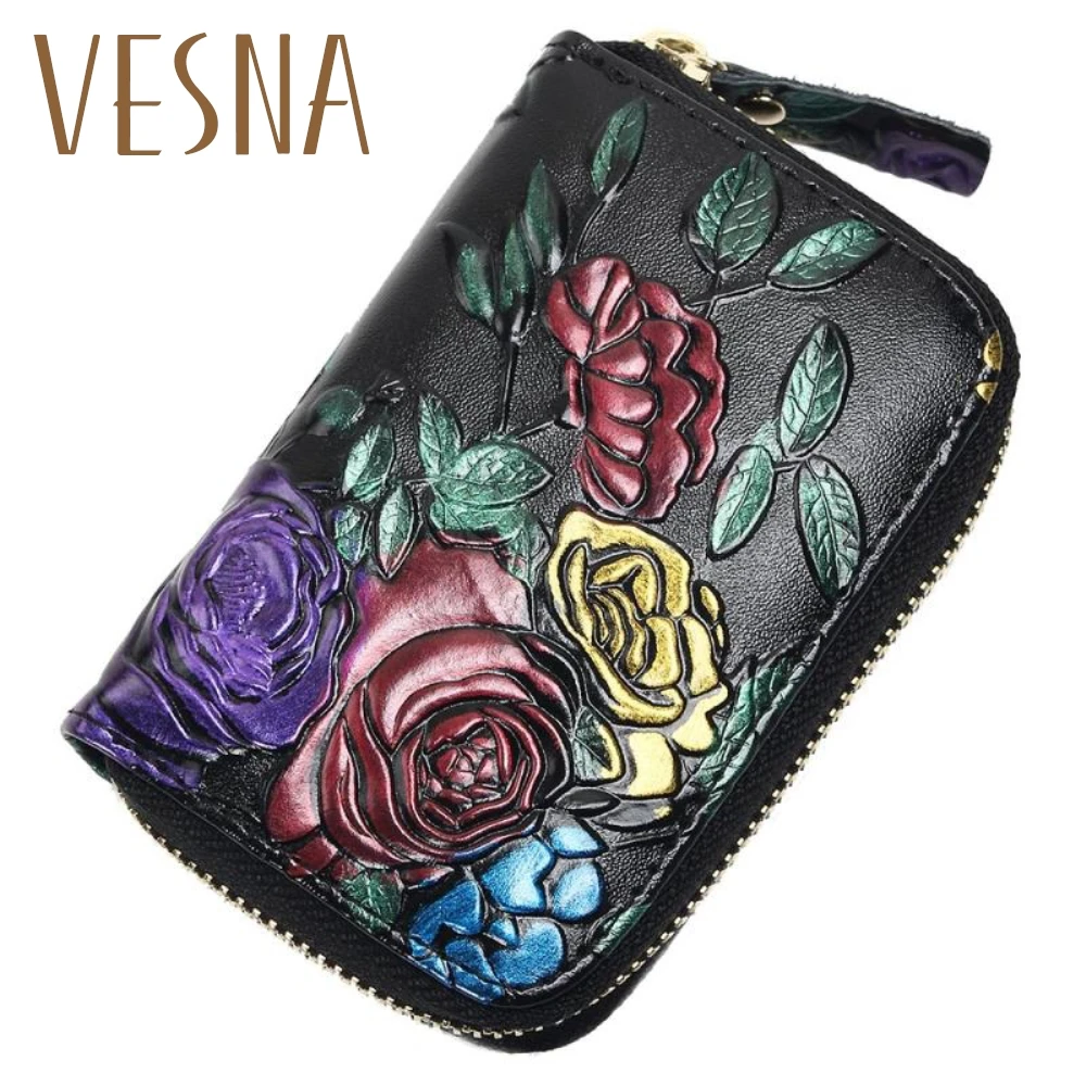 

TAUREN Fashion Genuine Leather Floral Print Women ID Card Holder Card Wallet Credit Card Business Card Holder Coin Purse DC358