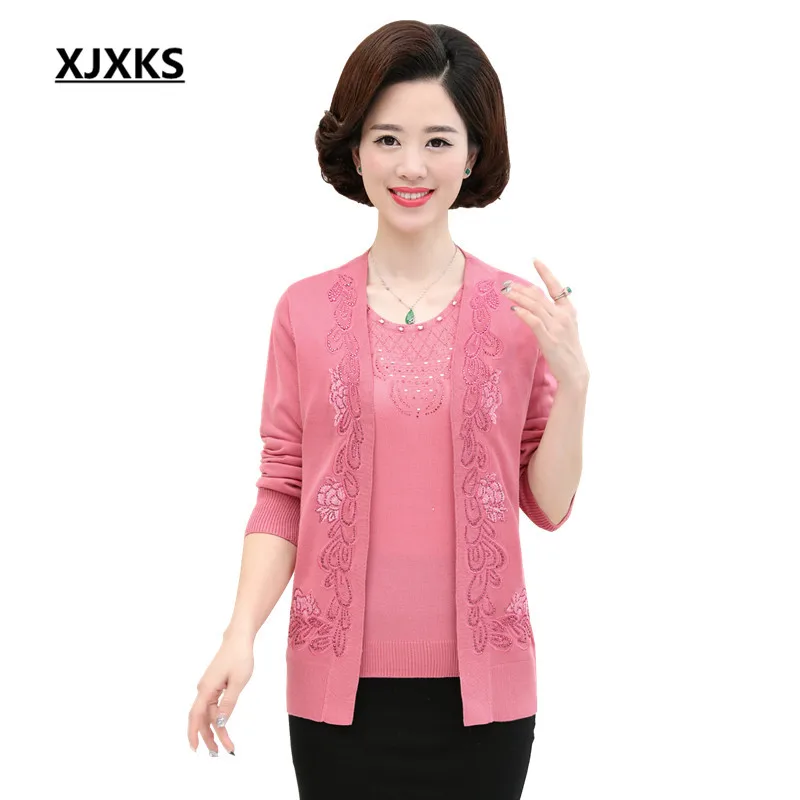 

XJXKS Women Cardigans 5 Colors Real Two Piece Set Top + Cardigan Solid Color Long Sleeve Outwear Women Sweater Set