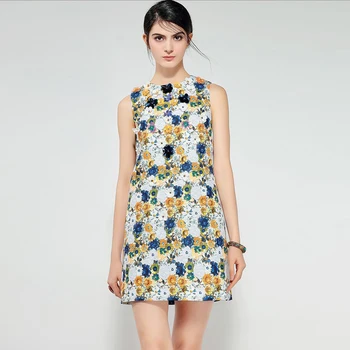 

High-quality 2019 new summer fashion designer dress Women's Sleeveless Vintage Sequined Flowers Print Appliques Dress