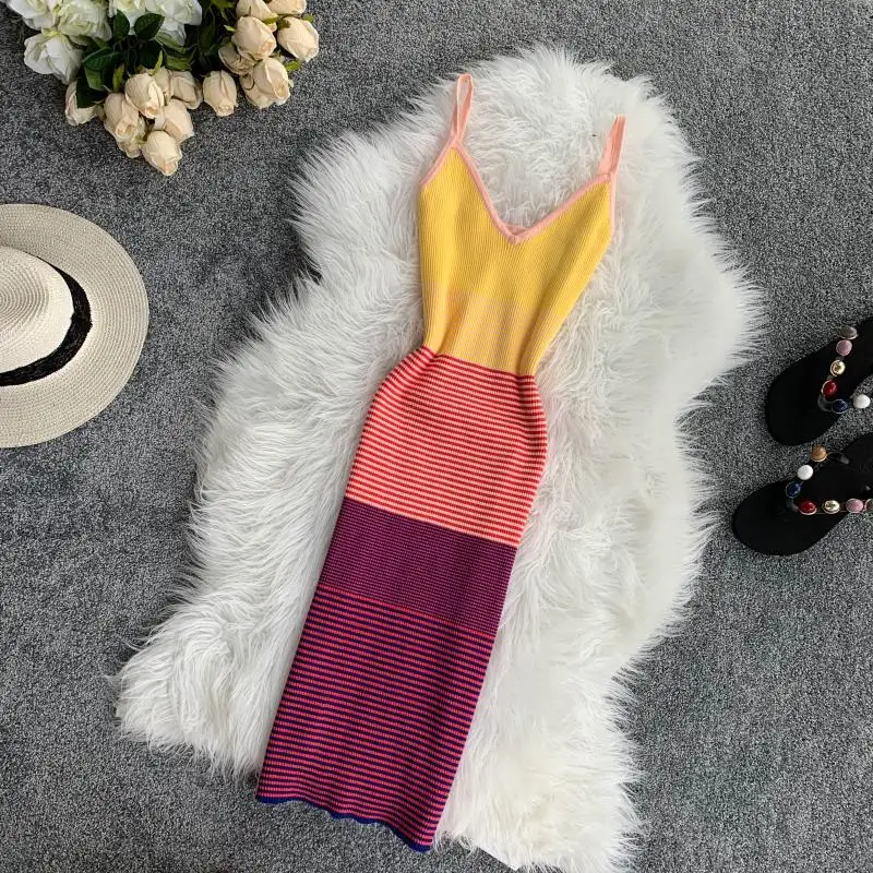 Rainbow Striped Colorful V-collar Sleeveless Knit Dress