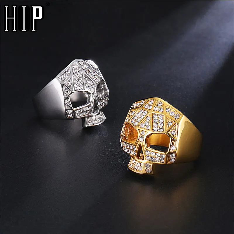 Bague Homme Hip Hop HH BLING EMPIRE, Argent Doré Glacé, Pierre Cristal, Taille 9