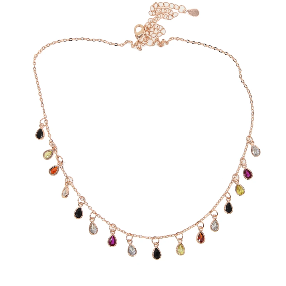 

Hot sale beautiful drop colorful cz mulity charm paved rose gold color choker necklace for lady girl women party wedding jewelry